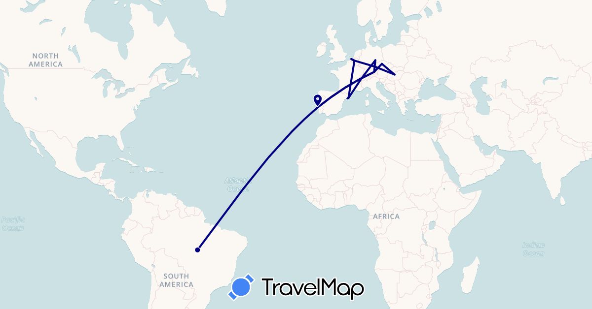TravelMap itinerary: driving in Belgium, Brazil, Czech Republic, Germany, Spain, Hungary, Portugal (Europe, South America)